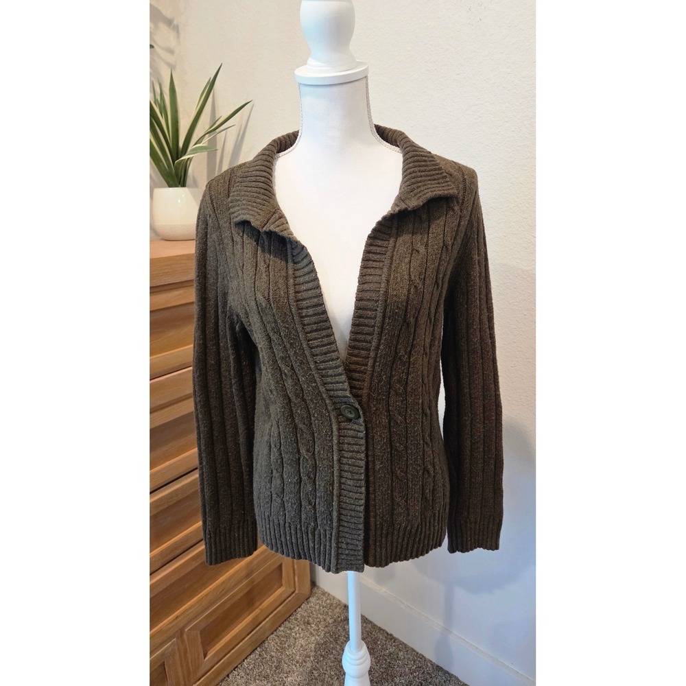 Eddie Bauer Cotton Wool Blend Cable Knit Cardigan Single Button Brown MED Preppy